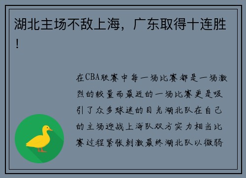 湖北主场不敌上海，广东取得十连胜！