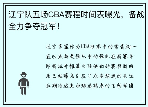 辽宁队五场CBA赛程时间表曝光，备战全力争夺冠军！