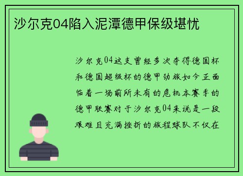 沙尔克04陷入泥潭德甲保级堪忧